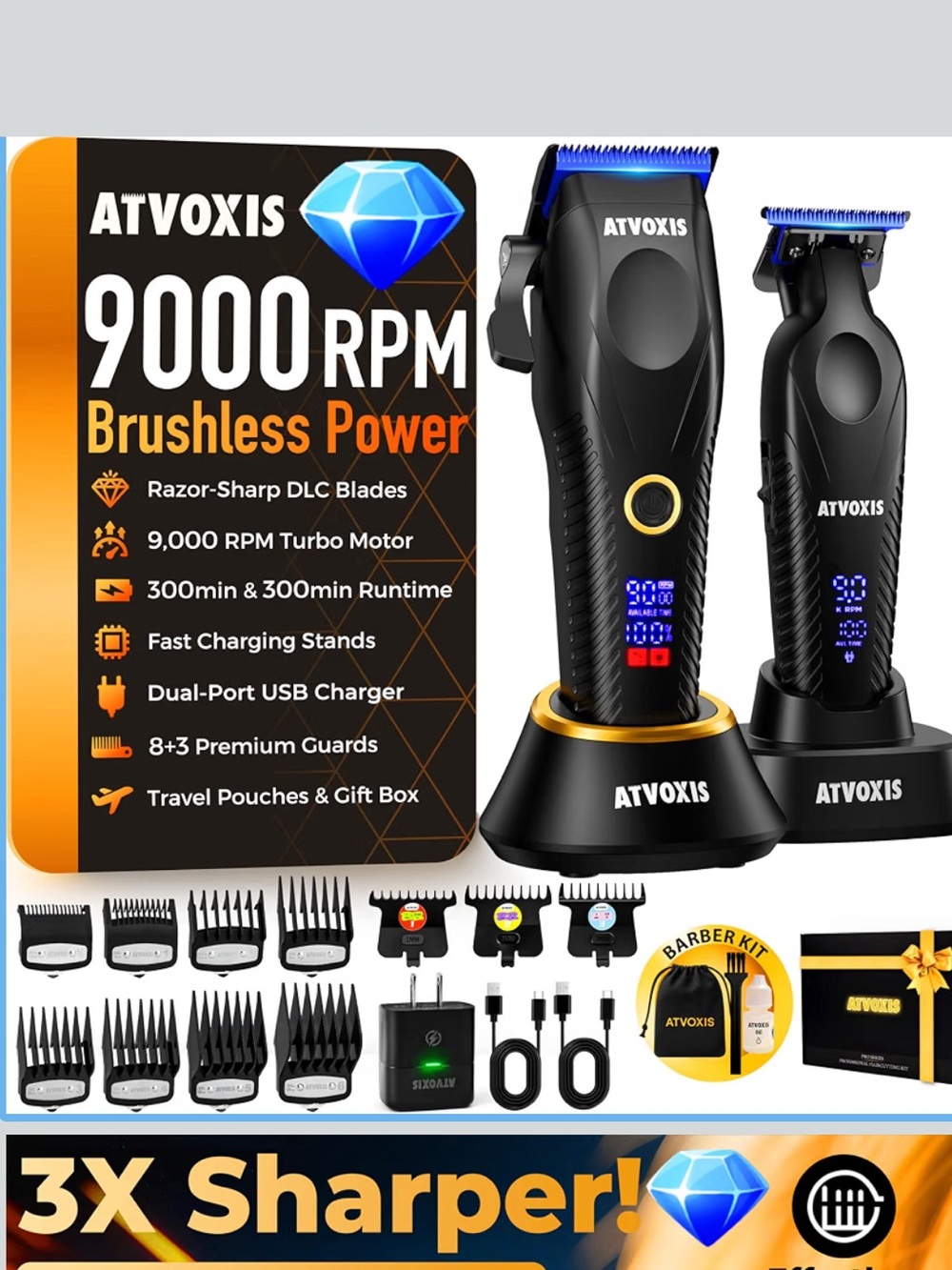 Atvoxis 9000 RPM Brushless Motor Professional Hair Clippers Set